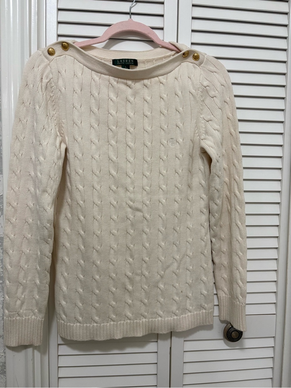 Ralph Lauren Cream Cable-Knit Boatneck Sweater with Gold Shoulder Buttons